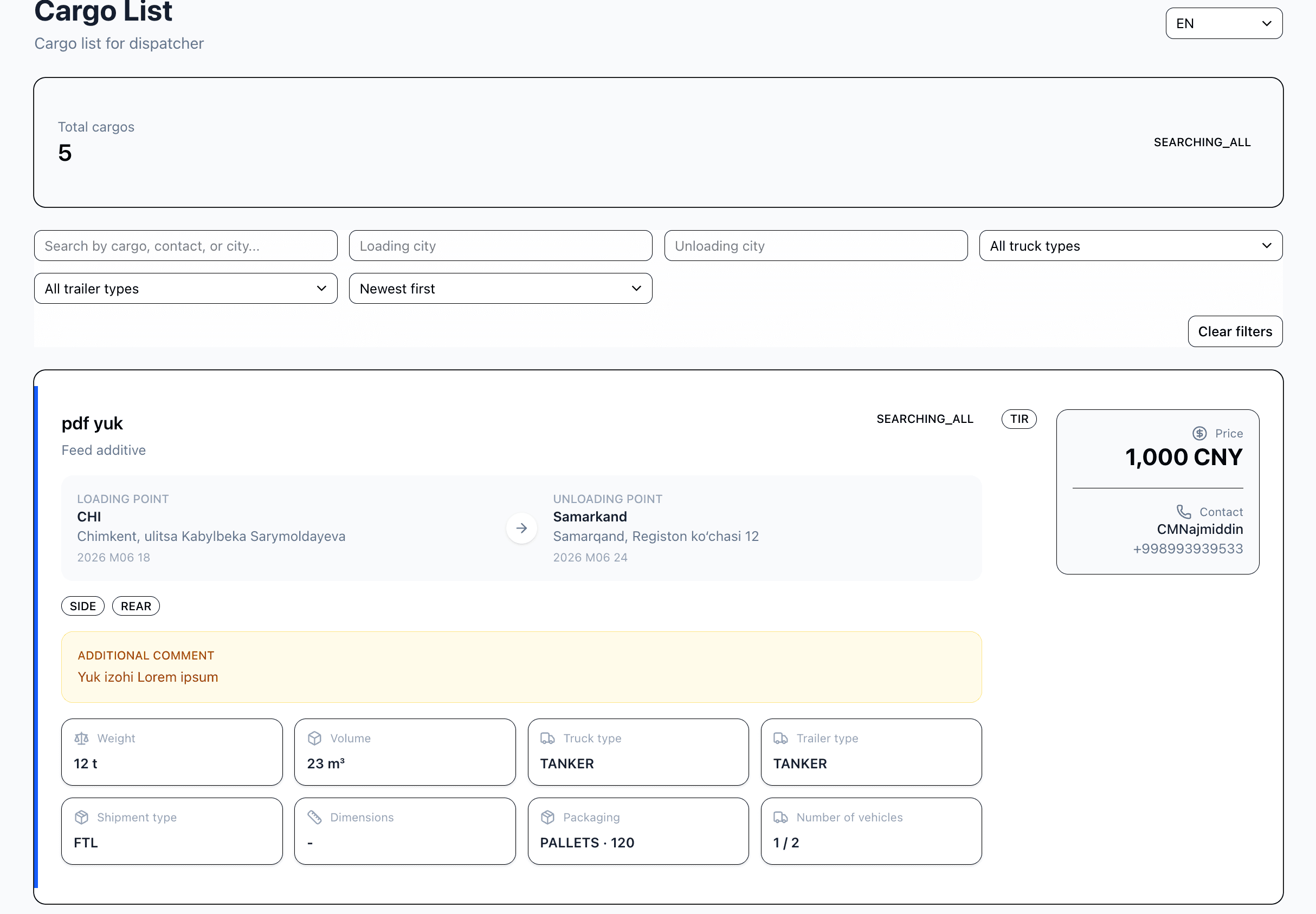 Cargo Dashboard